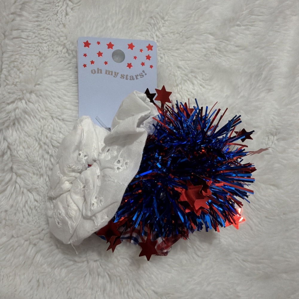 Oh My Stars Hair Scrunchie Set - Red & Blue Tinsel White Eyelet Plaid